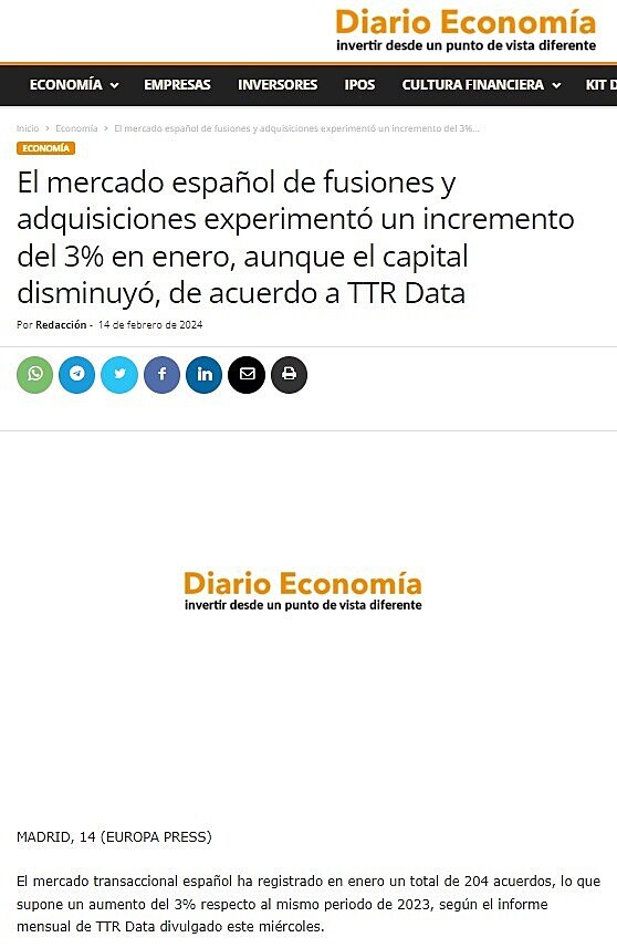 El mercado espaol de fusiones y adquisiciones experiment un incremento del 3% en enero, aunque el capital disminuy, de acuerdo a TTR Data